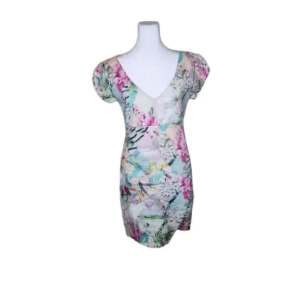 Artsy Floral Cap Sleeve Mini Body Con Dress Womens S Blue